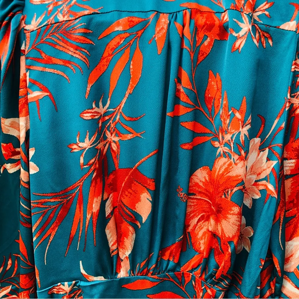 Sweet Lemon TEAL FLORAL SATIN WRAP SHORT DRESS Large Green - Image 12