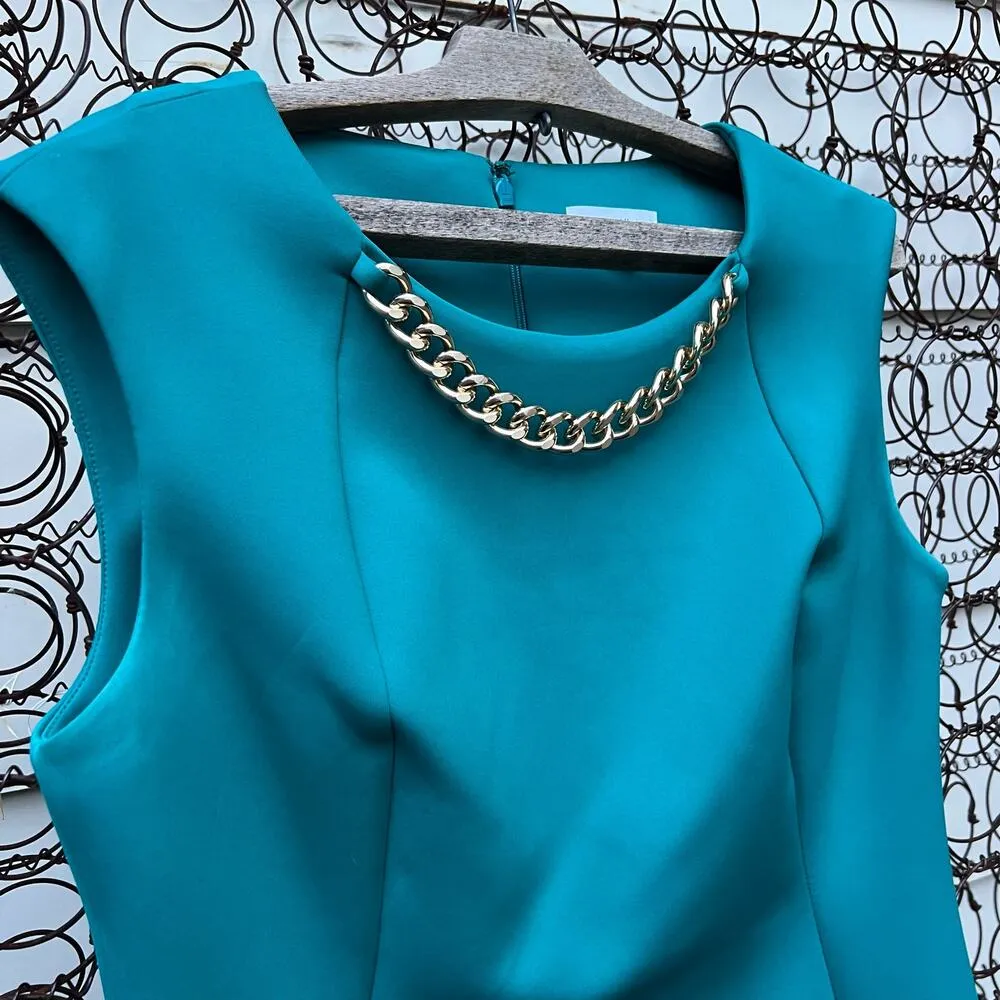 Calvin Klein Teal Sheath Dress Gold Chain Necklace Detail Size 12 - Image 3
