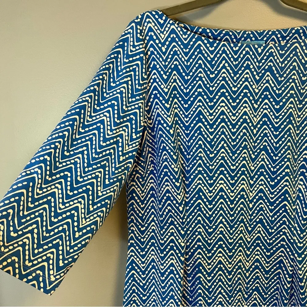 J. McLaughlin Dress Blue & White Mykonos Chevron Print Fit & Flare Sheath XL EUC - Image 5