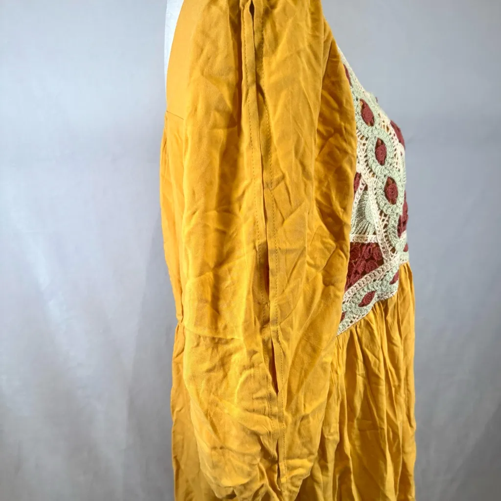 Cato mustard yellow long slit sleeve crocheted boho dress with pockets size XL - Image 4