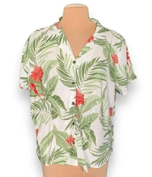 Vintage Bishop St. Apparel Shirt Green Tropical Palm Floral Print Button Down White Size L - Image 1