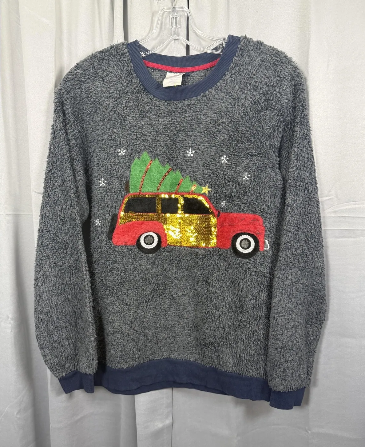Secret Treasures Sweater Womens Medium Gray Blue Fuzzy Sequin Ugly Christmas - Image 1