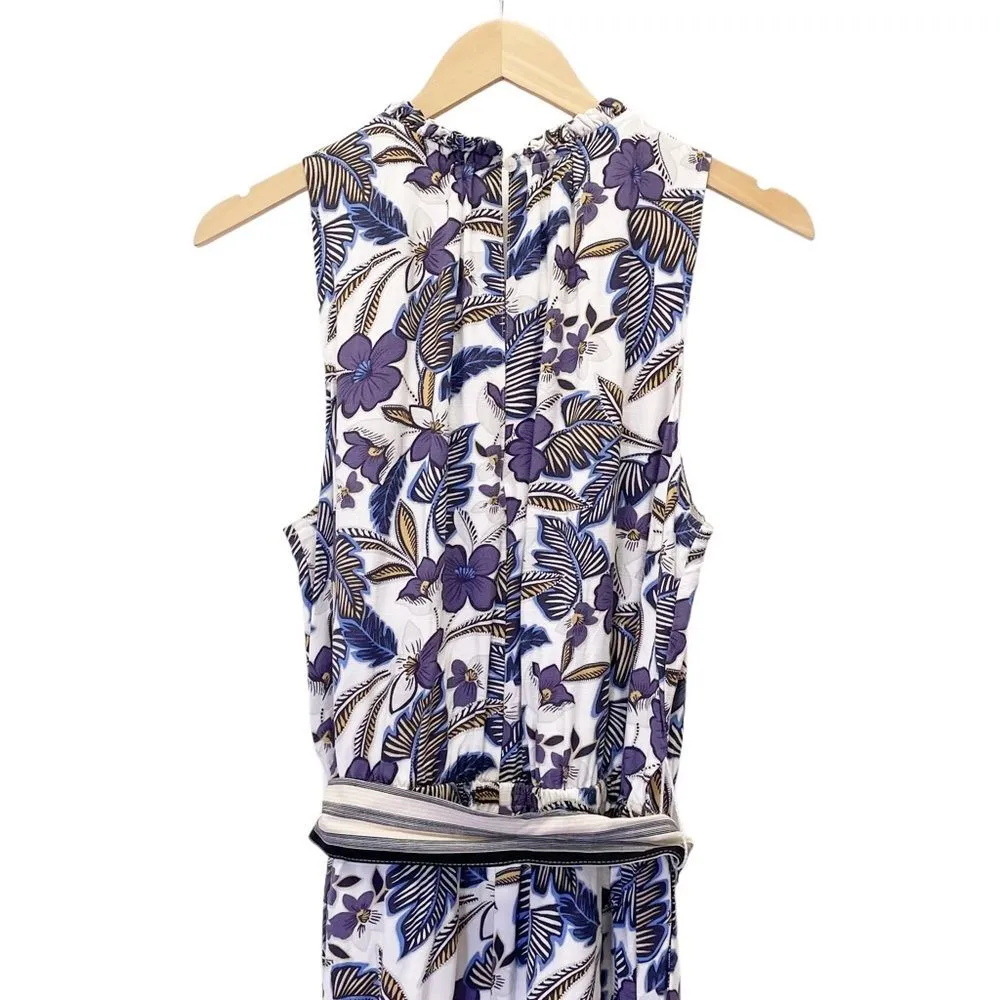 LOFT Floral Wide Leg Sleeveless Belted Jumpsuit Tropical Ivory Purple Size Large - Image 9