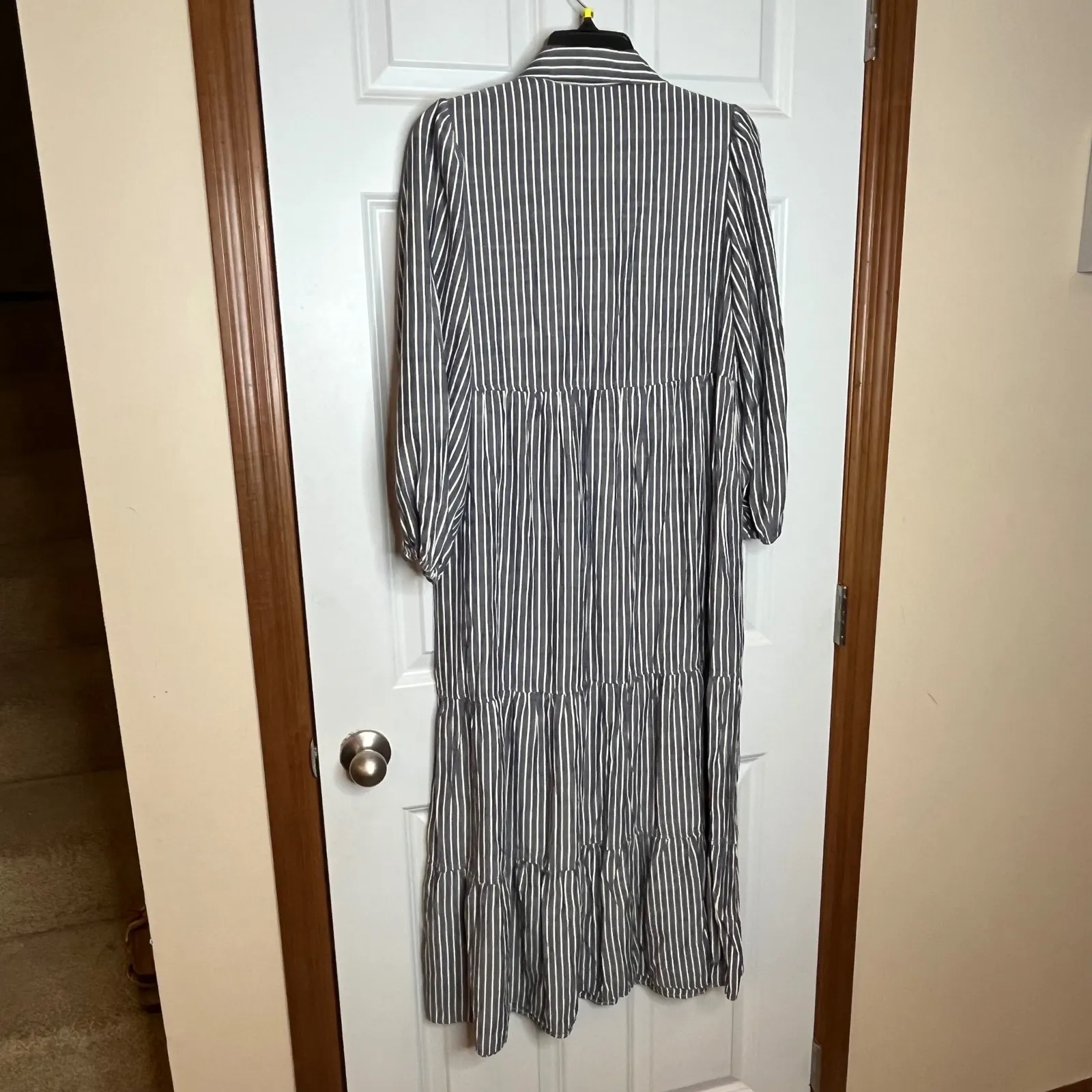 MAX STUDIO LONDON Small Blue Striped Tiered Maxi Shirt Dress Long Sleeve Collar White - Image 3