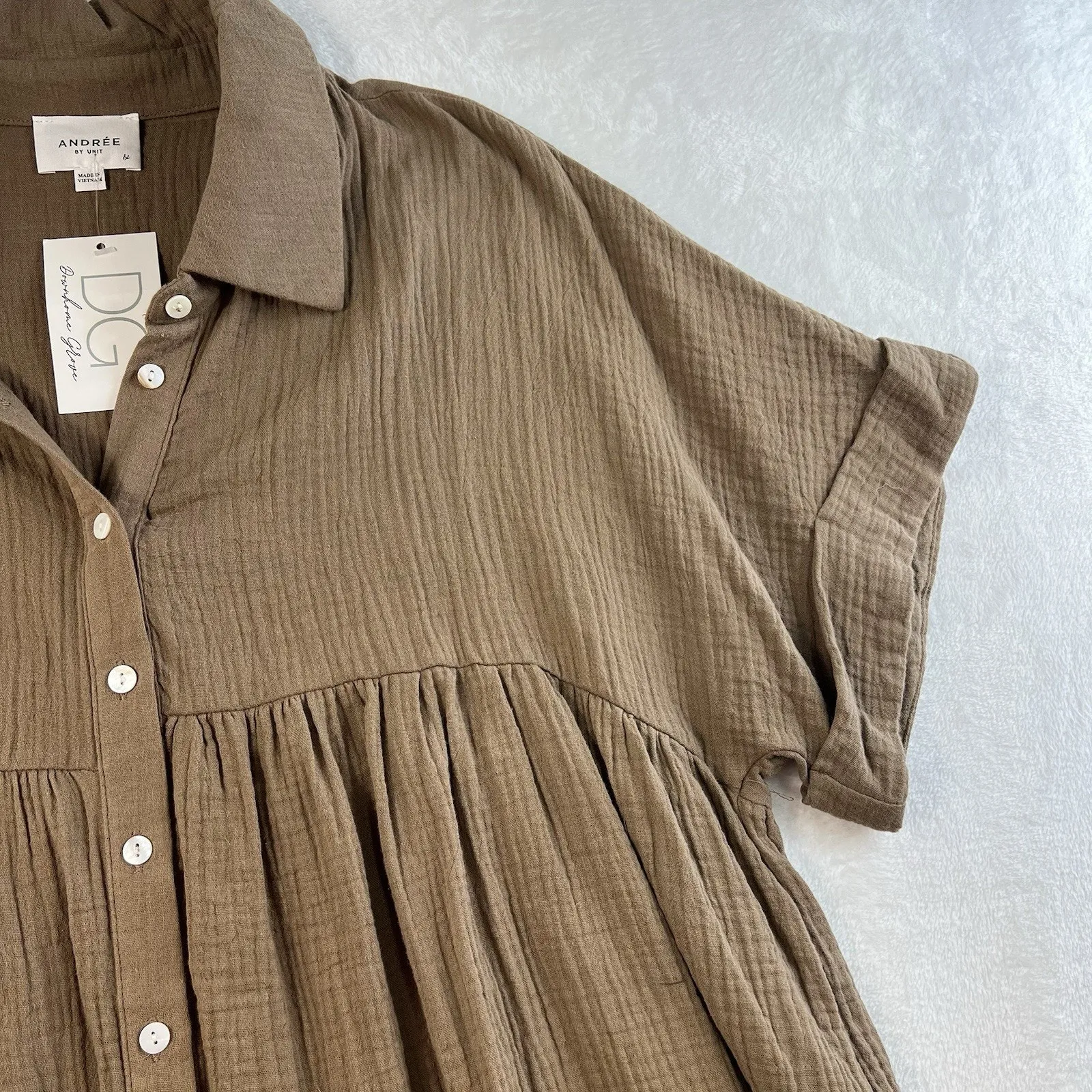 Andree by Unit Plus 1X Button Down Baby Doll Top Gauze Short Dolman Sleeves Boho - Image 4