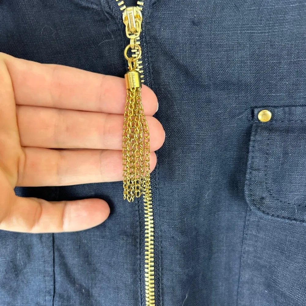 Ellen Tracy  Womens 1X 100% Linen Top Tunic Blue Gold Zipper Blouse Plus Size - Image 5