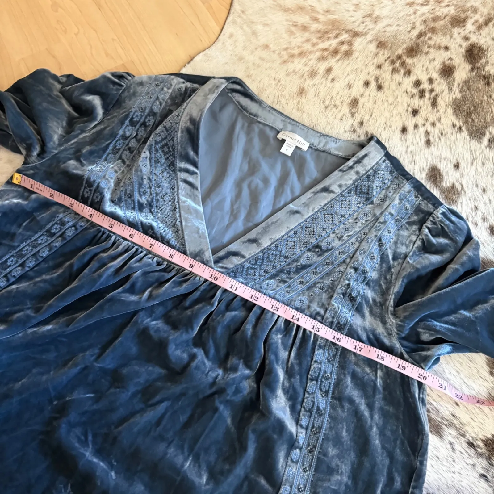 GARNET HILL Embroidered Yoke Velvet Blouse In Dusty Blue Size 6 - Image 6