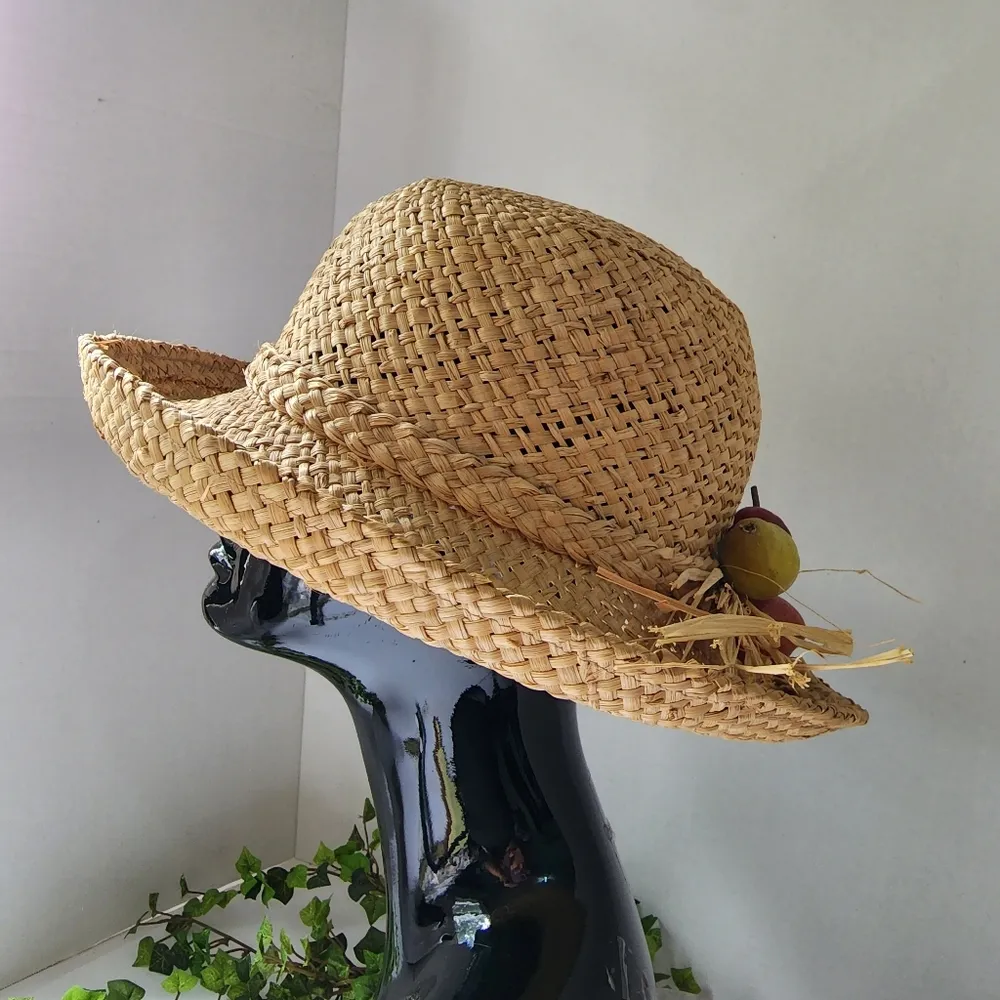 Women's Woven Straw Hat with Fruit Accent Tan - Image 3