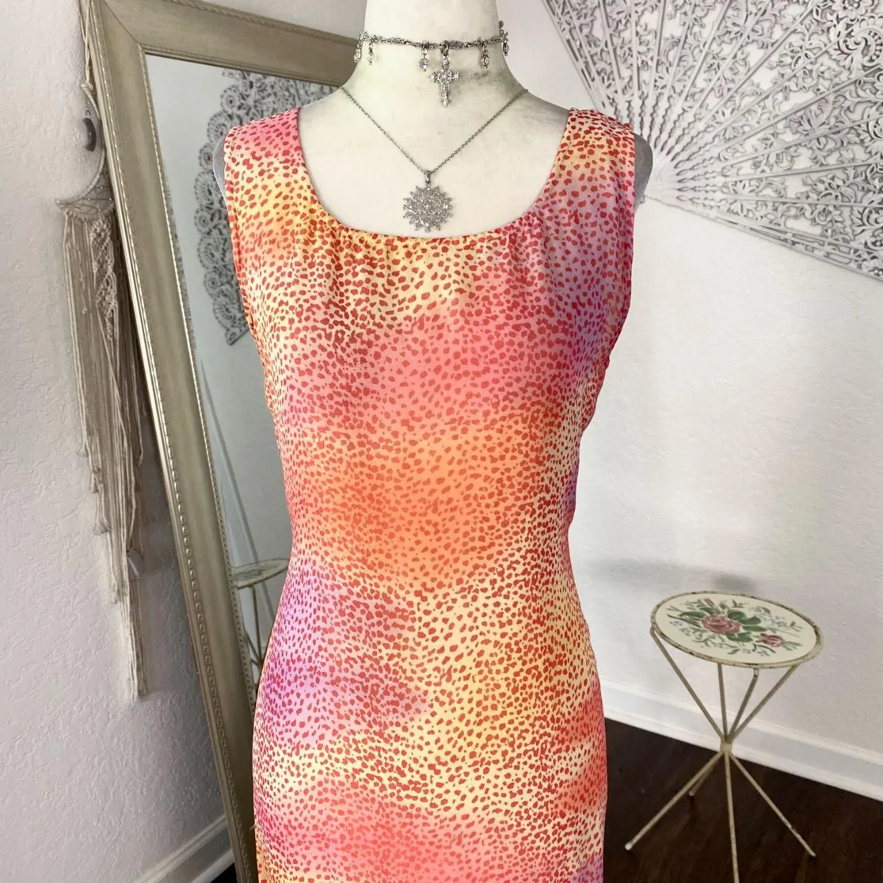 Robbie Bee VTG Early 2000's Speckled Orange Pink Sunset Silk Midi Maxi Dress M - Image 3