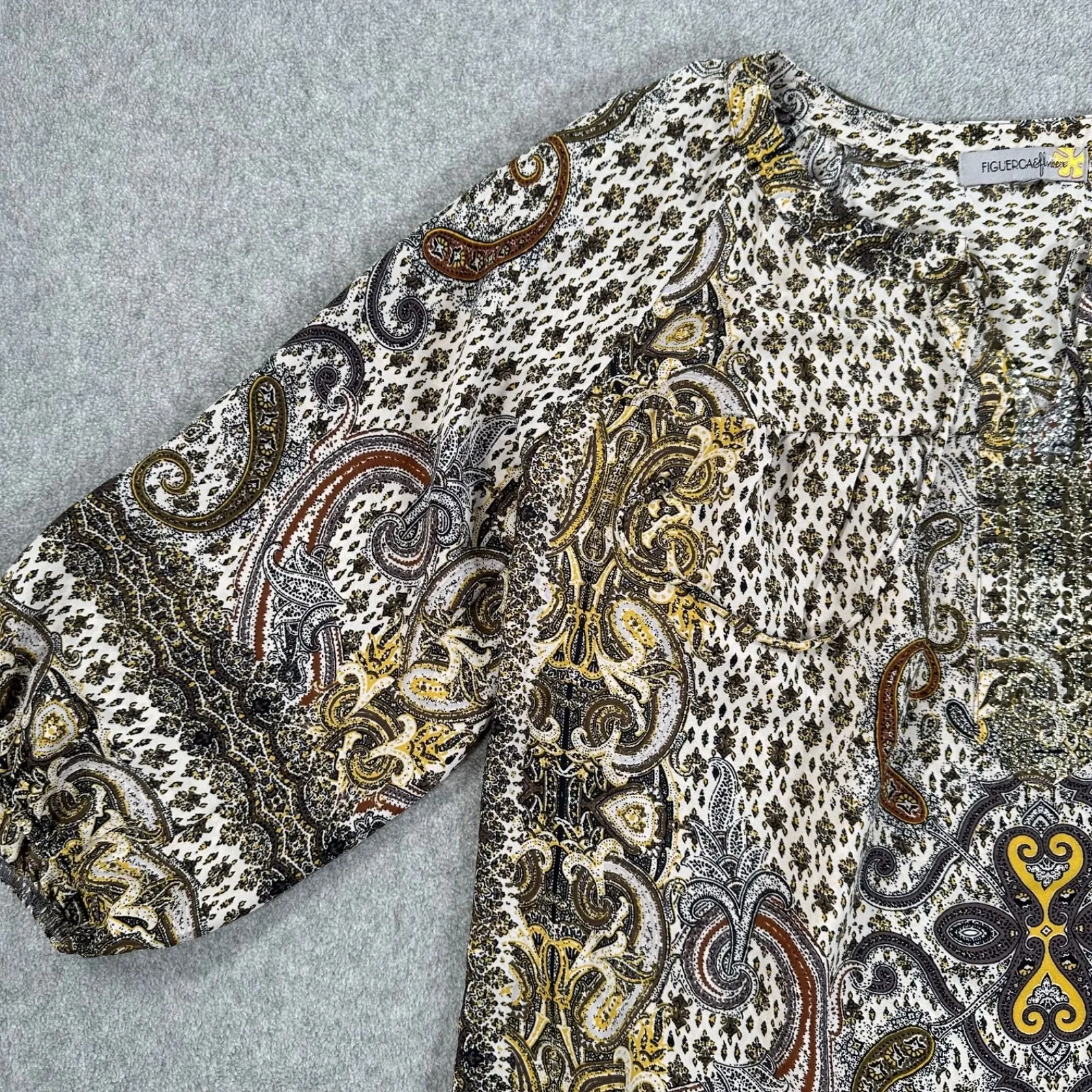 Figueroa & Flower Bedazzled Peasant Blouse Womens XL 3/4 Sleeve Brown Yellow Top - Image 2