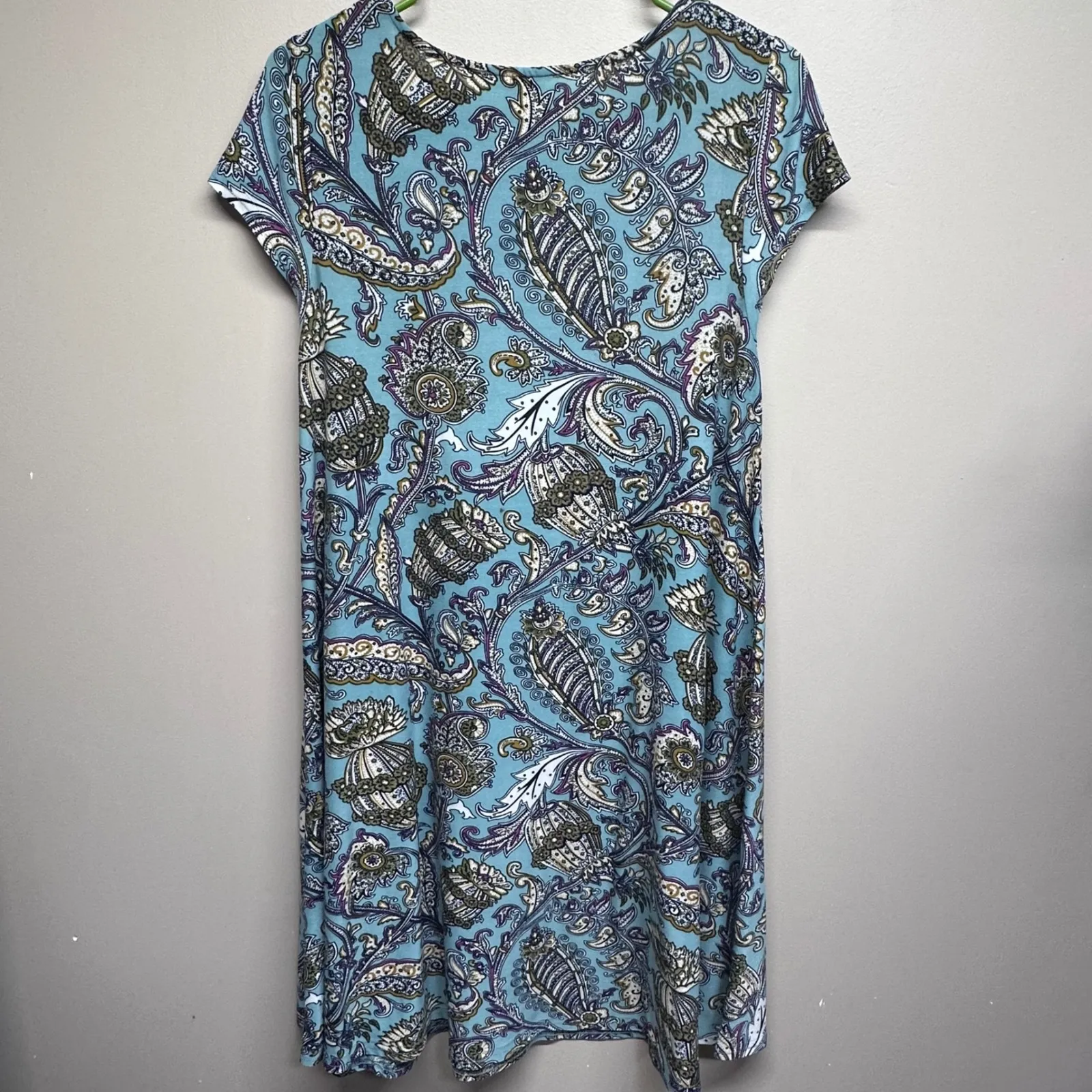 Aryeh Blue Paisley Floral Short Sleeve Tunic Dress Pockets Size Small Bohemian - Image 2