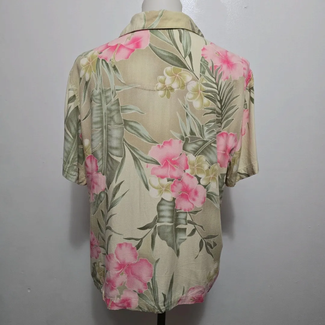 Vintage LEMON GRASS Floral Eyelet Button Down Shirt XL Hawaiian Vacation Tan - Image 4
