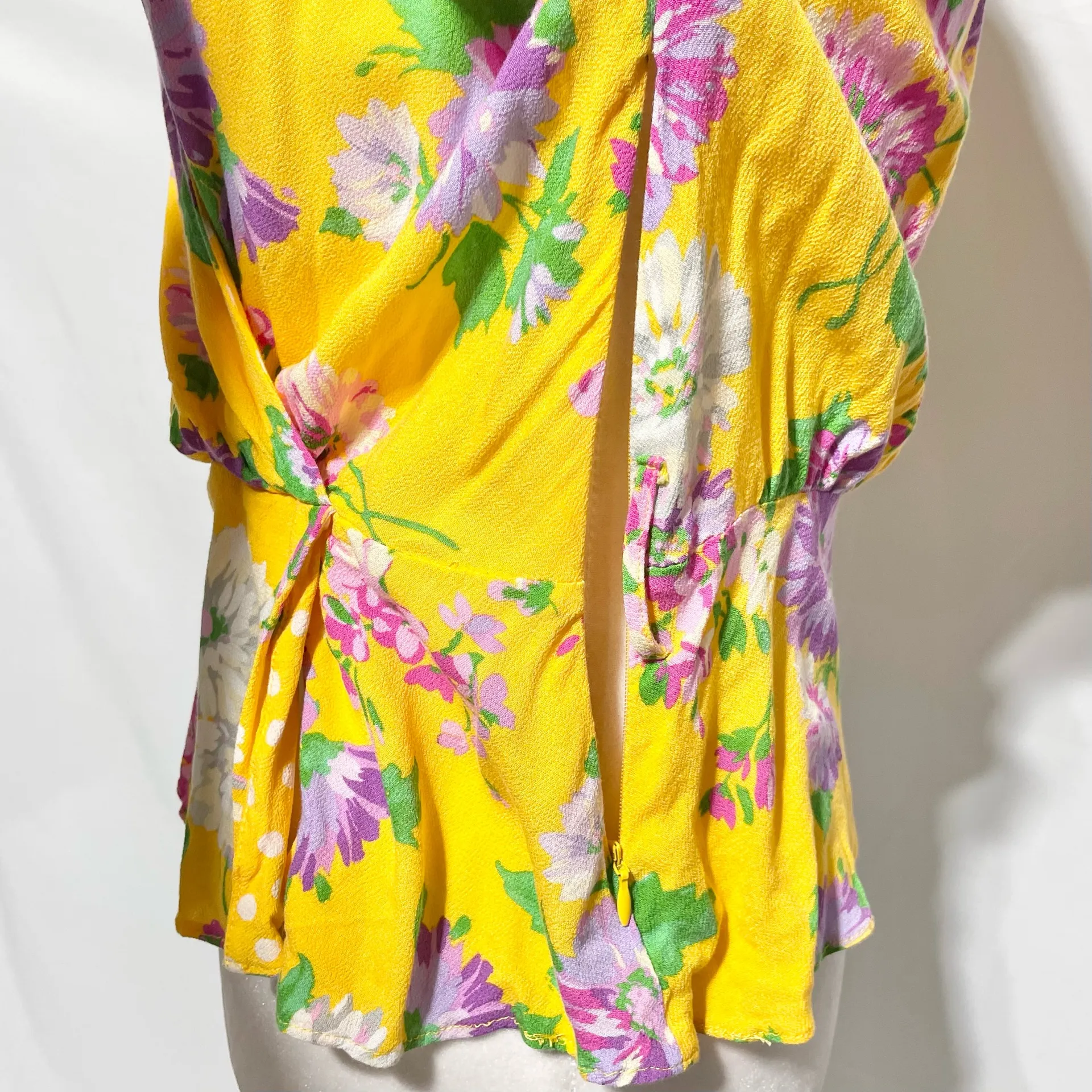 Zara Floral Print Puff Sleeve V-Neck Faux Wrap Blouse Yellow Multi Size Medium - Image 12