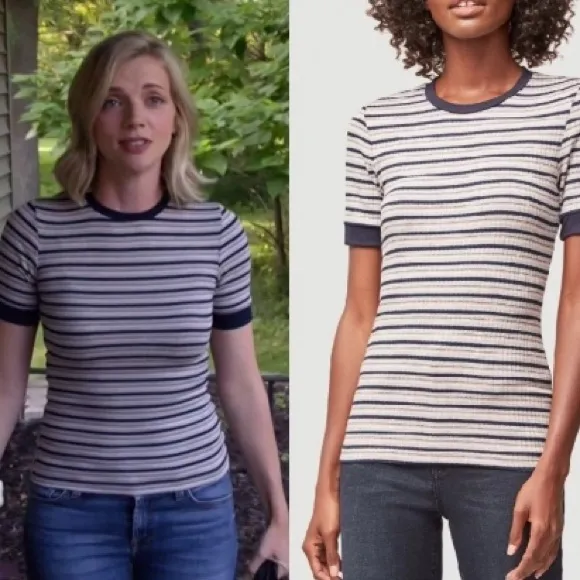 FRAME 70s Striped Rib Knit Tee in Navy Vintage Style Fitted T Shirt - Image 2