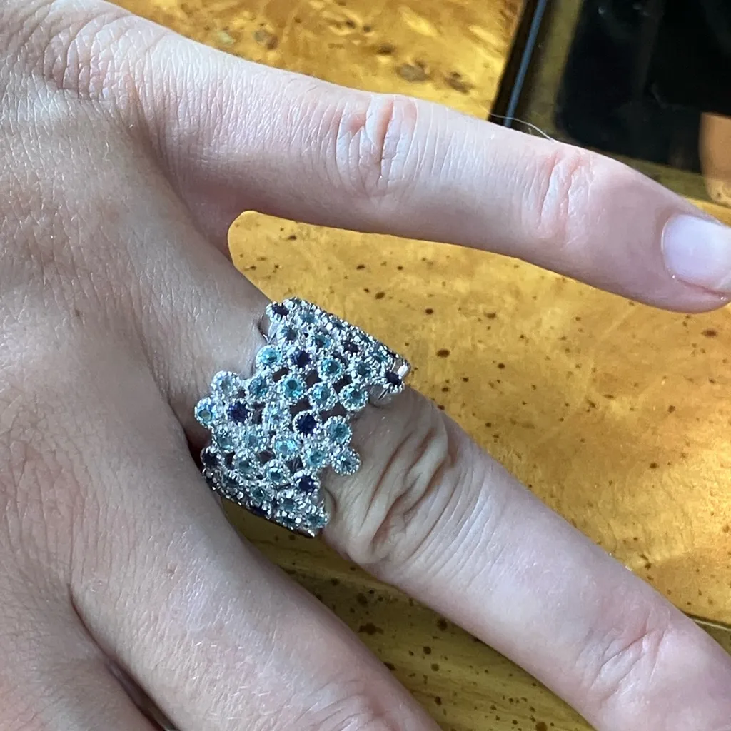 Natural Blue Apatite Iolite Sterling Silver Bubble Ring Size 6 - Image 4