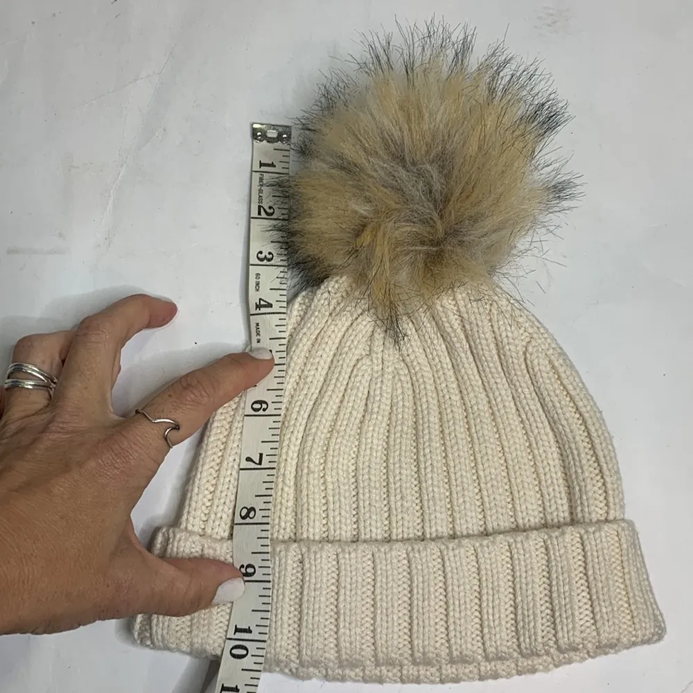 J Crew Cream Ribbed Knit Cream beanie with faux-fur pom-pom Hat - Image 7