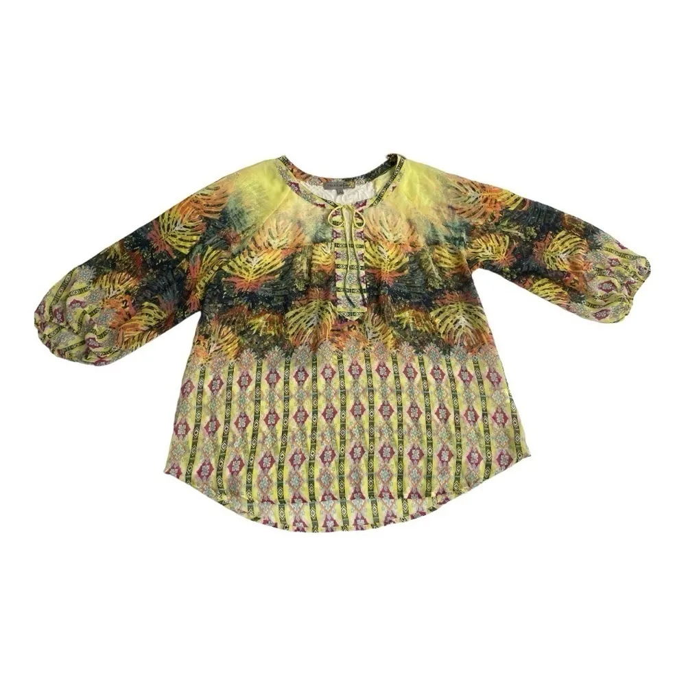 Figueroa Flower Womens
Boho Peasant Top Tie
Neck Sheer 3/4 Sleeve size L Yellow Size L - Image 9