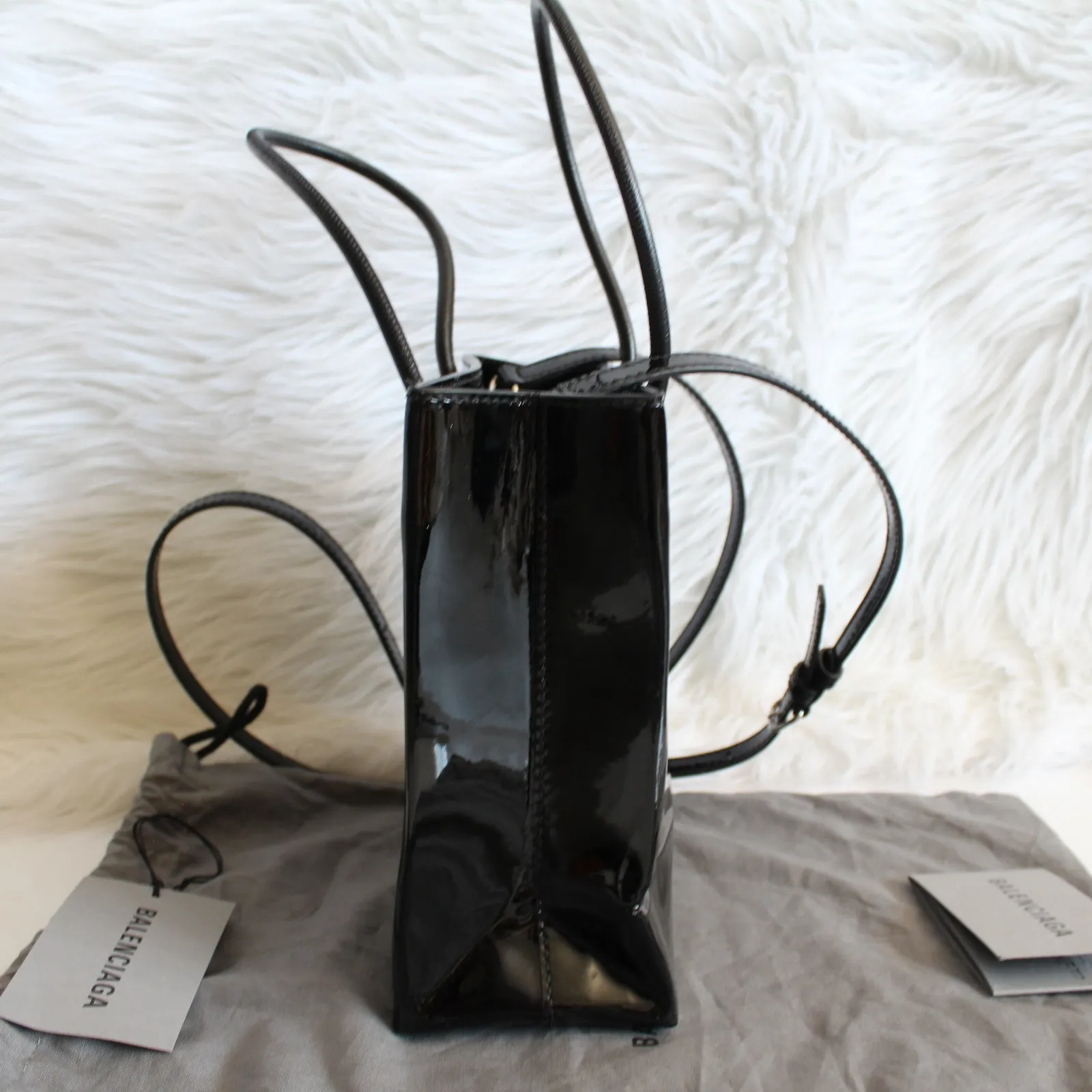 Balenciaga Black Patent Leather XXS Shopping Tote Crossbody Bag New - Image 10