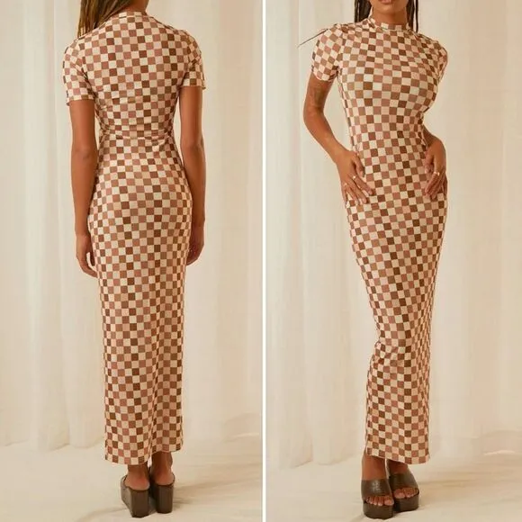 NWT Peppermayo Into The City Mesh Maxi Dress Cocoa Cream Check Womens Size 6 NEW - Image 2