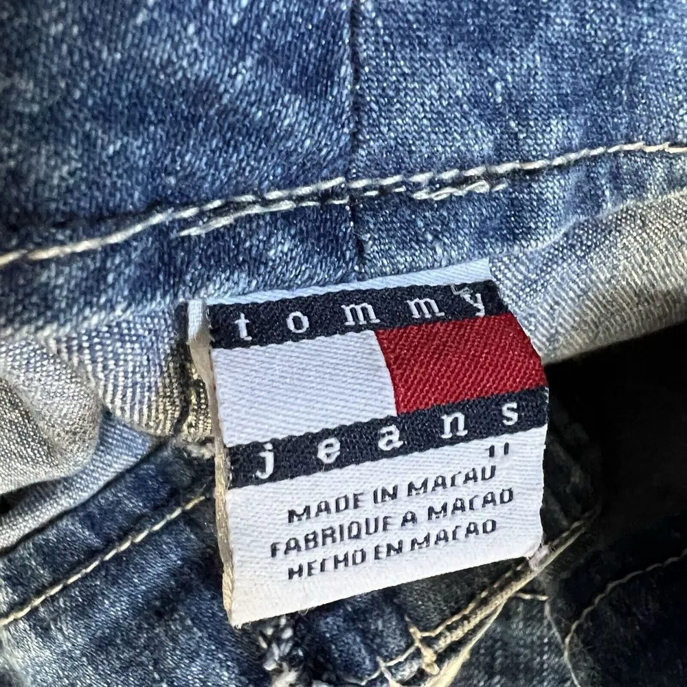 Tommy Jeans Y2K Lace‎ Up Denim Capri Pants Size 11 Blue Red White Stripe Vintage - Image 13