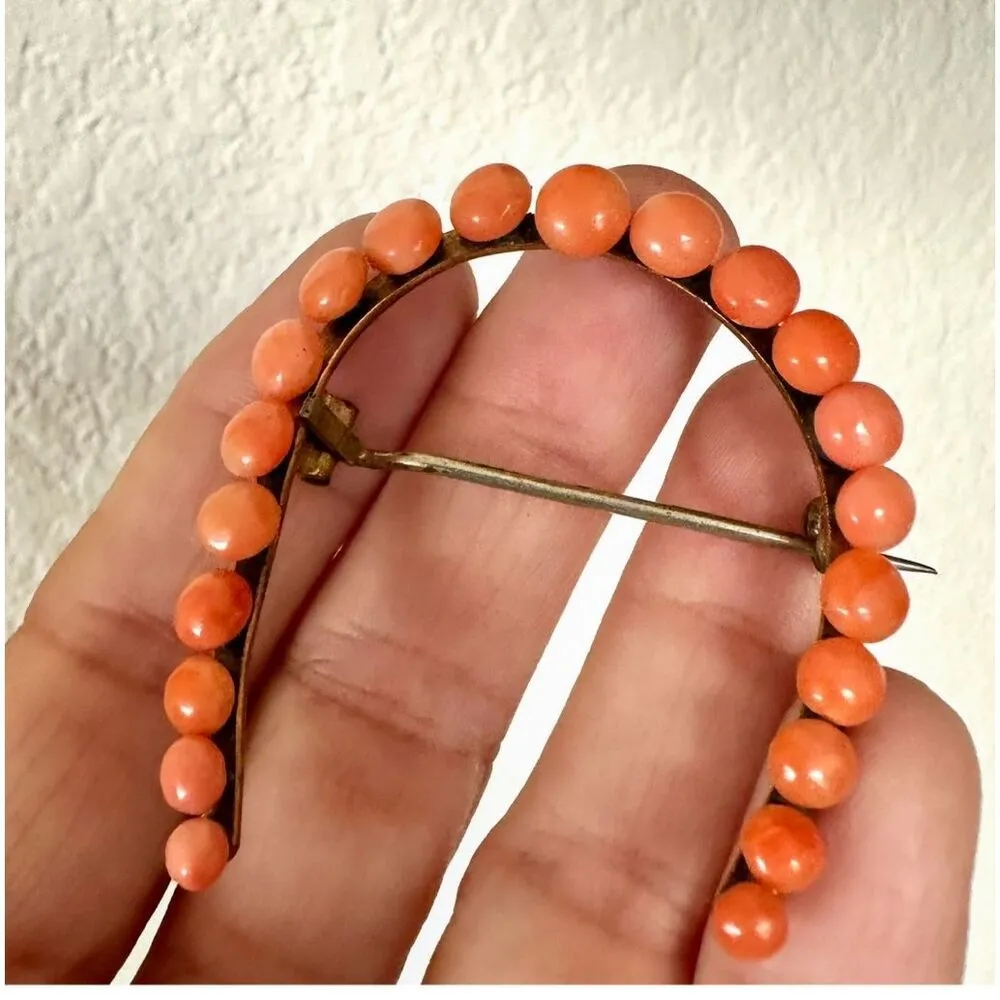Antique Victorian Coral Crescent Brooch – Natural Salmon Coral Cabochons Orange - Image 5