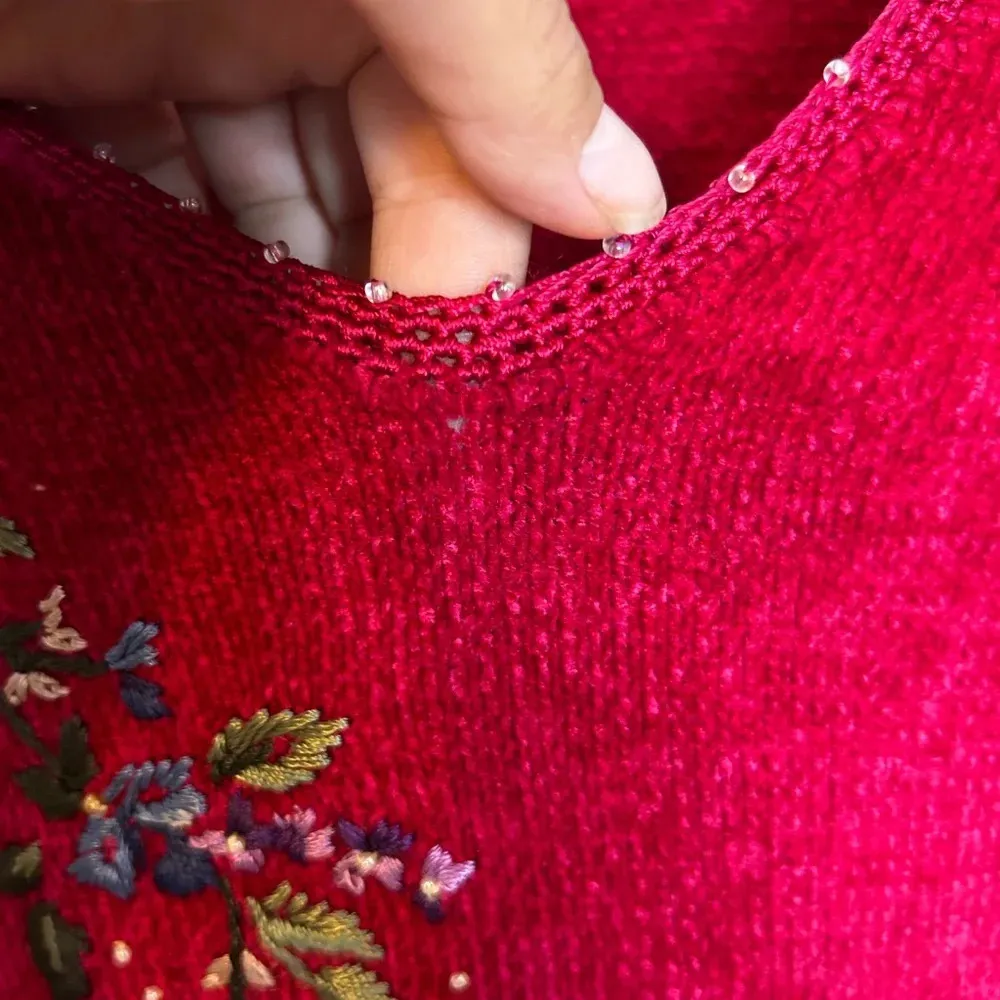 Carolyn Taylor Red Vintage Floral Embroidered Beaded Sweater - Image 6