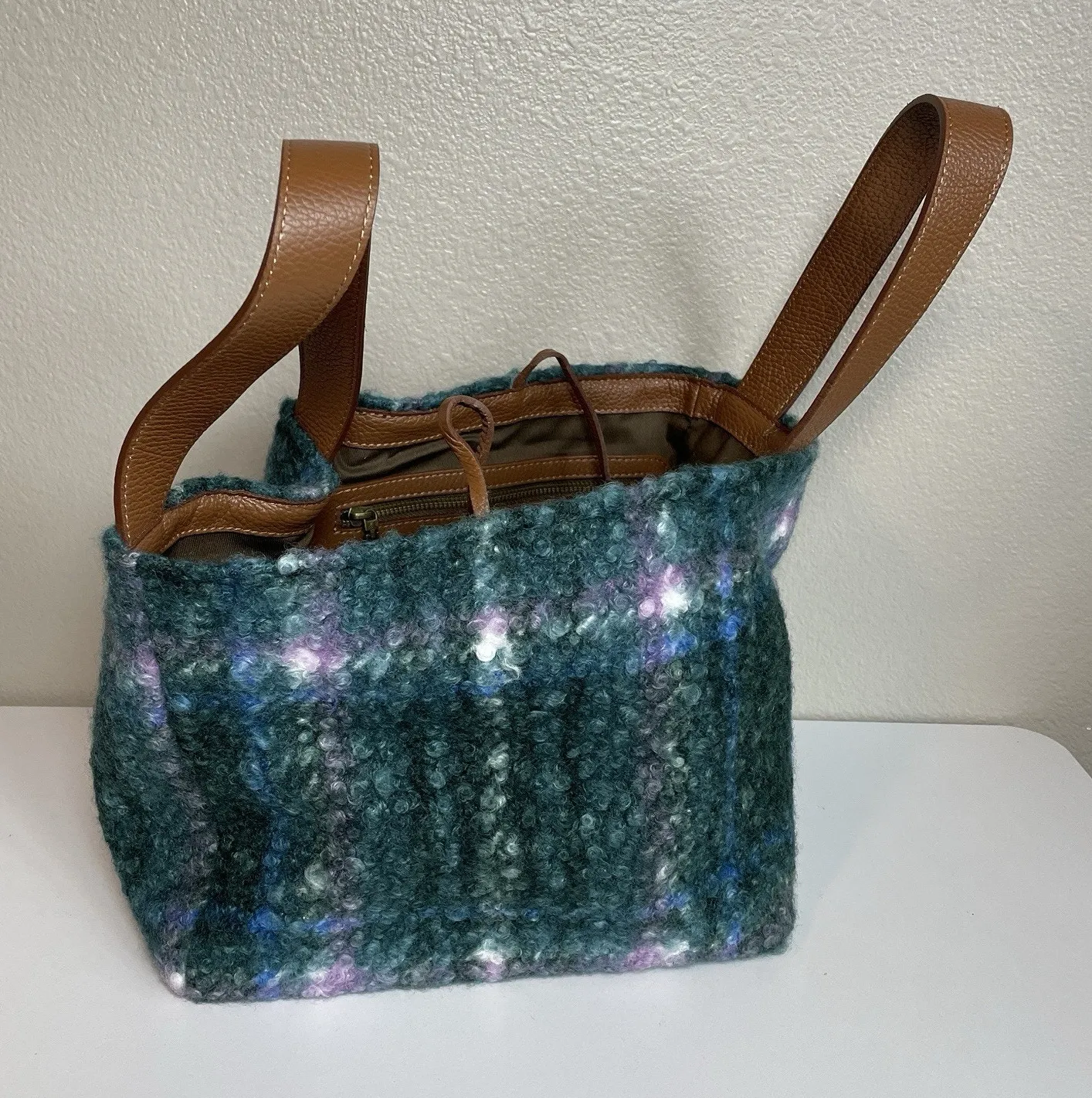 Sundance Maple Glen Teddy Plaid Tote Bag Felted Textured Pebbled Leather Green - Image 1