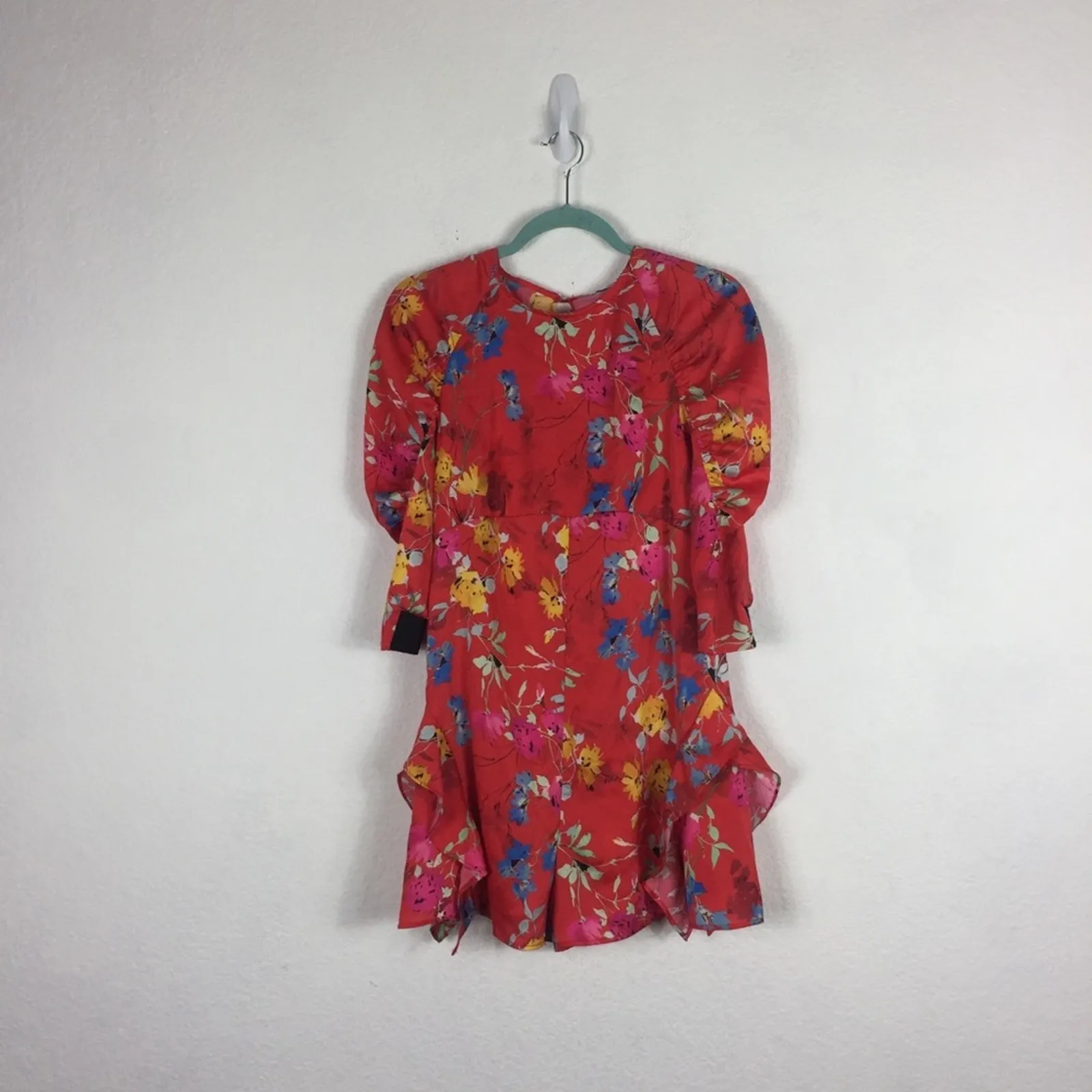 NWT Zara Satin Romper Small Red Japanese Floral Ruffle Puff Sleeve Ruched - Image 3