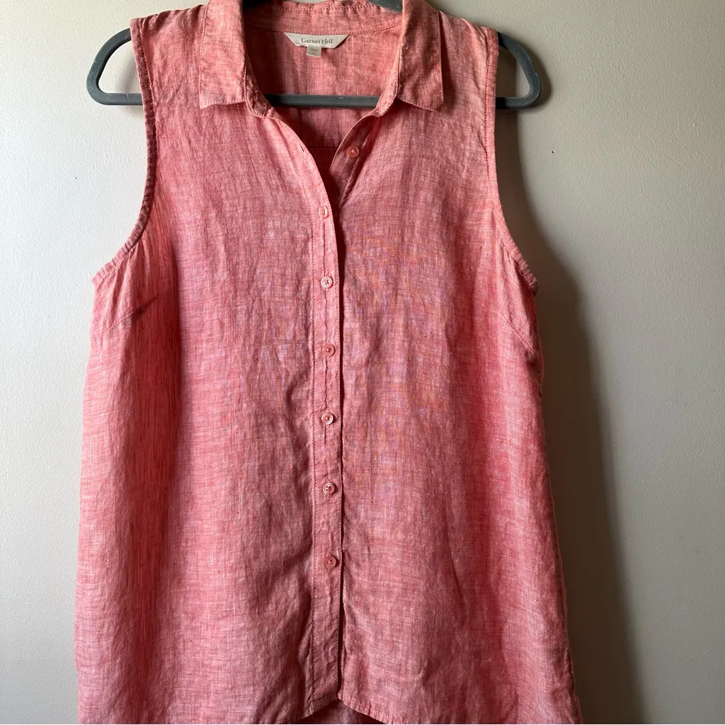 Garnet Hill 100% Linen Button Down Sleeveless Blouse Size 14 Sunset Pink - Image 4