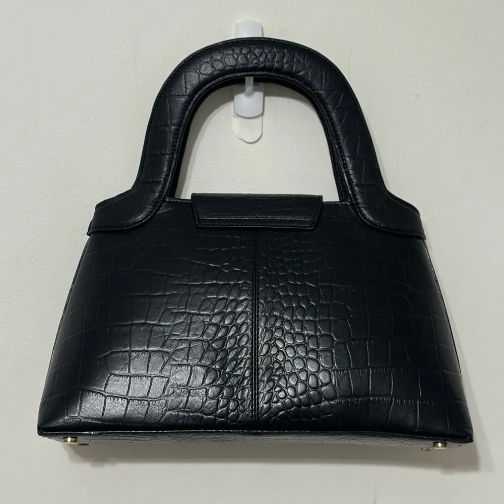 Cleobella Black Croc‎ Embossed Leather Top Handle Handbag Structured Chic - Image 4
