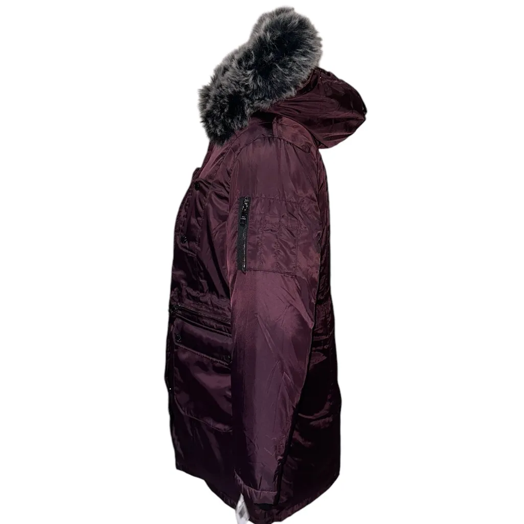 NWT Steve Madden Womens Faux Fur Trim Cold Weather Anorak Jacket In Merlot - Image 4