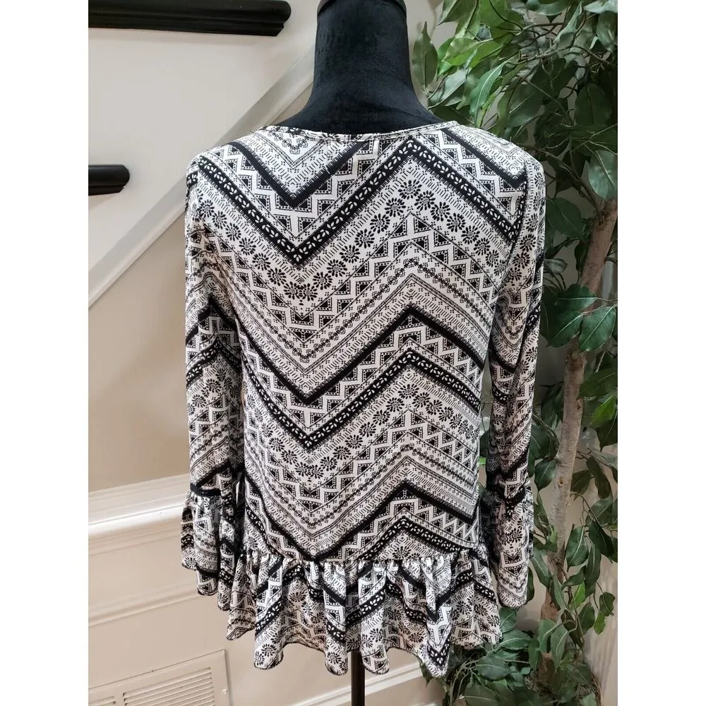About A Girl Women's White Black Aztec Print Ruffle Long Sleeve Top Blouse Small - Image 2