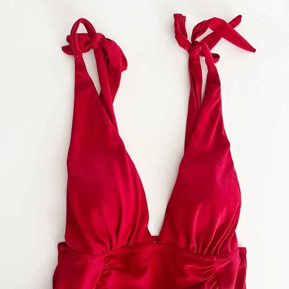 [Yolipuli] Red One Piece Convertible Swimsuit Bow Straps V - Image 5