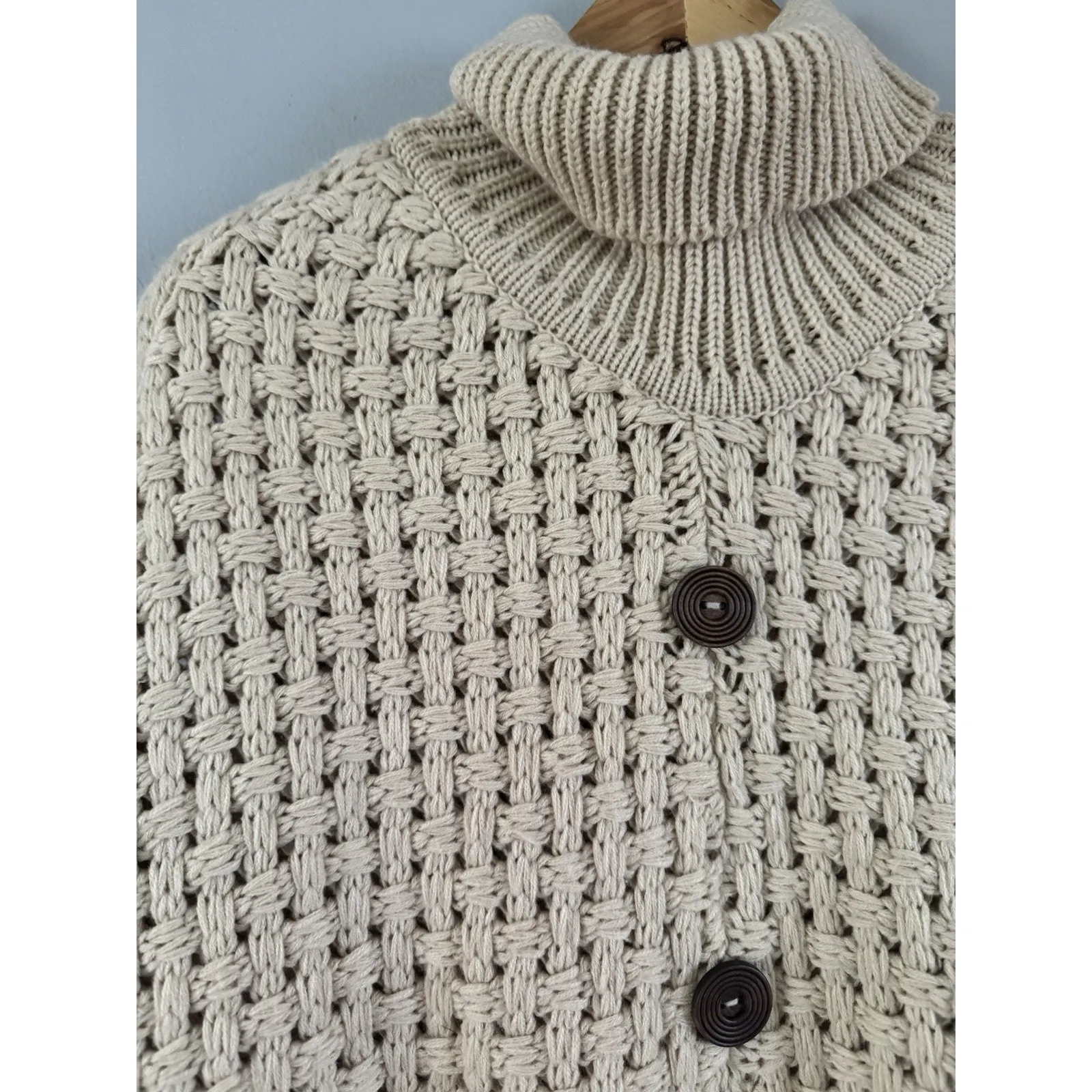 Cream Chunky Knit Fringe Poncho Button Front Turtleneck Sweater Women’s One Size Size undefined - Image 3
