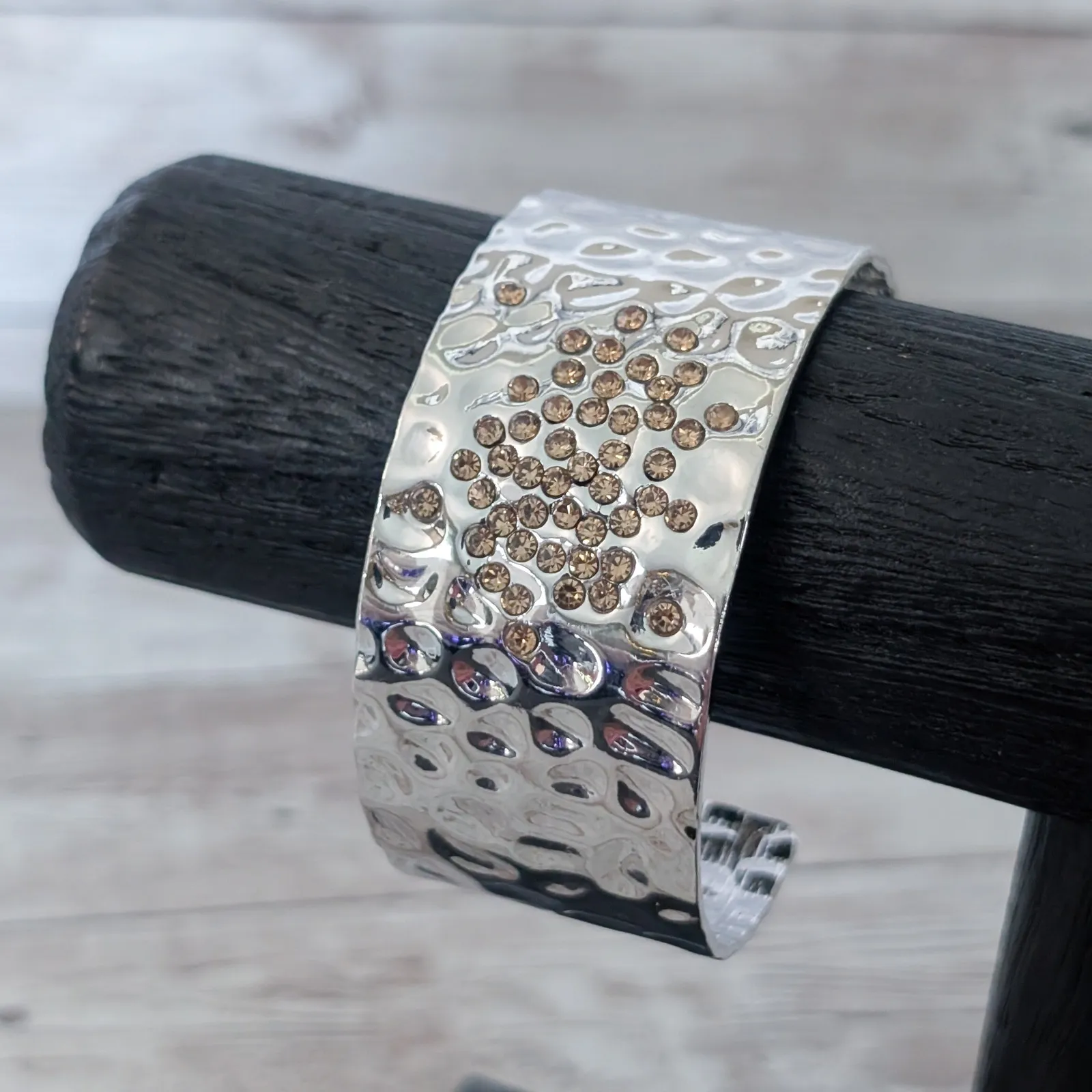 Chunky Silver Tone Cuff Bracelet with Bronze Tone Gems Statement - Image 8