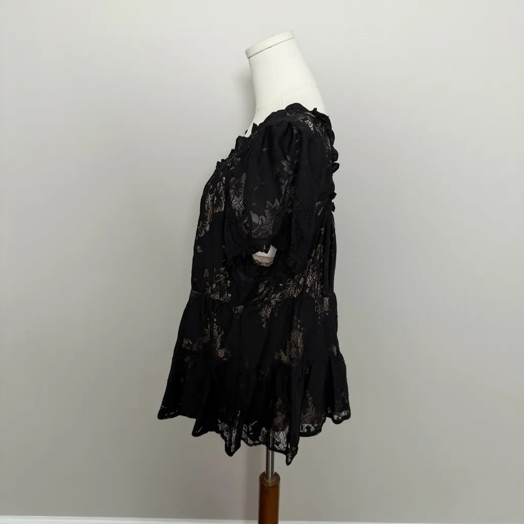Torrid Top Babydoll Lace Tiered Ruffle Puffed Short Sleeve Boho Black Nude Tan - Image 10