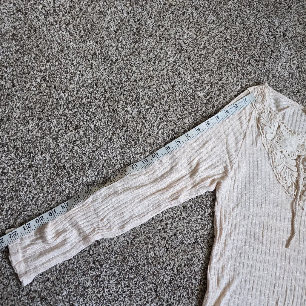 Living Doll Crochet Lace Lace-up Neckline Ribbed Long Sleeve Top Size XL Cream - Image 9