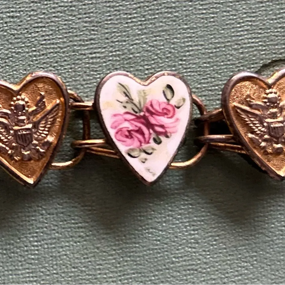 WWII SWEETHEART BRACELET Sterling with gold wash and enamel hearts Pink - Image 4