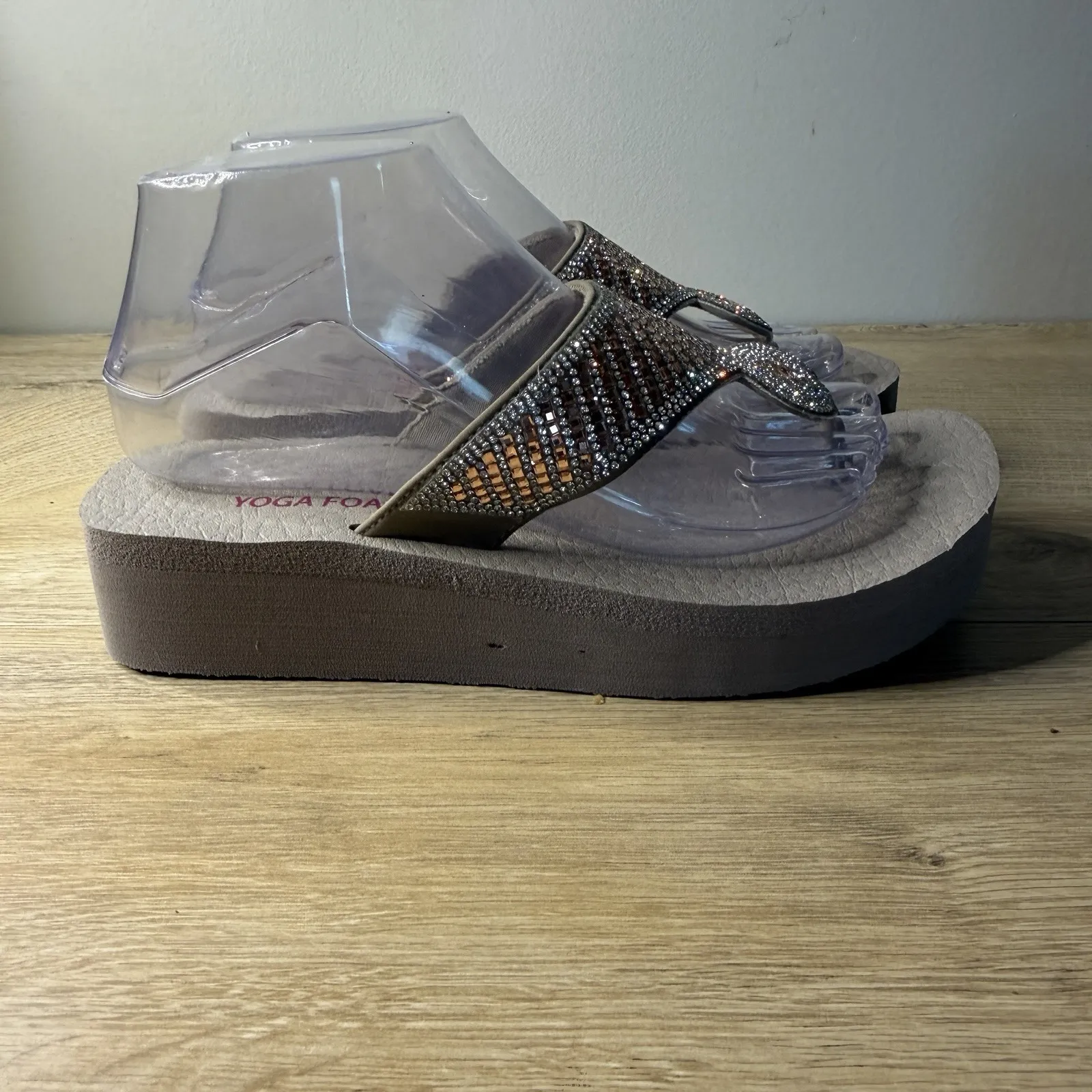 Skechers Cali Yoga Foam Rhinestone Wedge Platform Sandals Bling Sparkle Gray 8 - Image 3