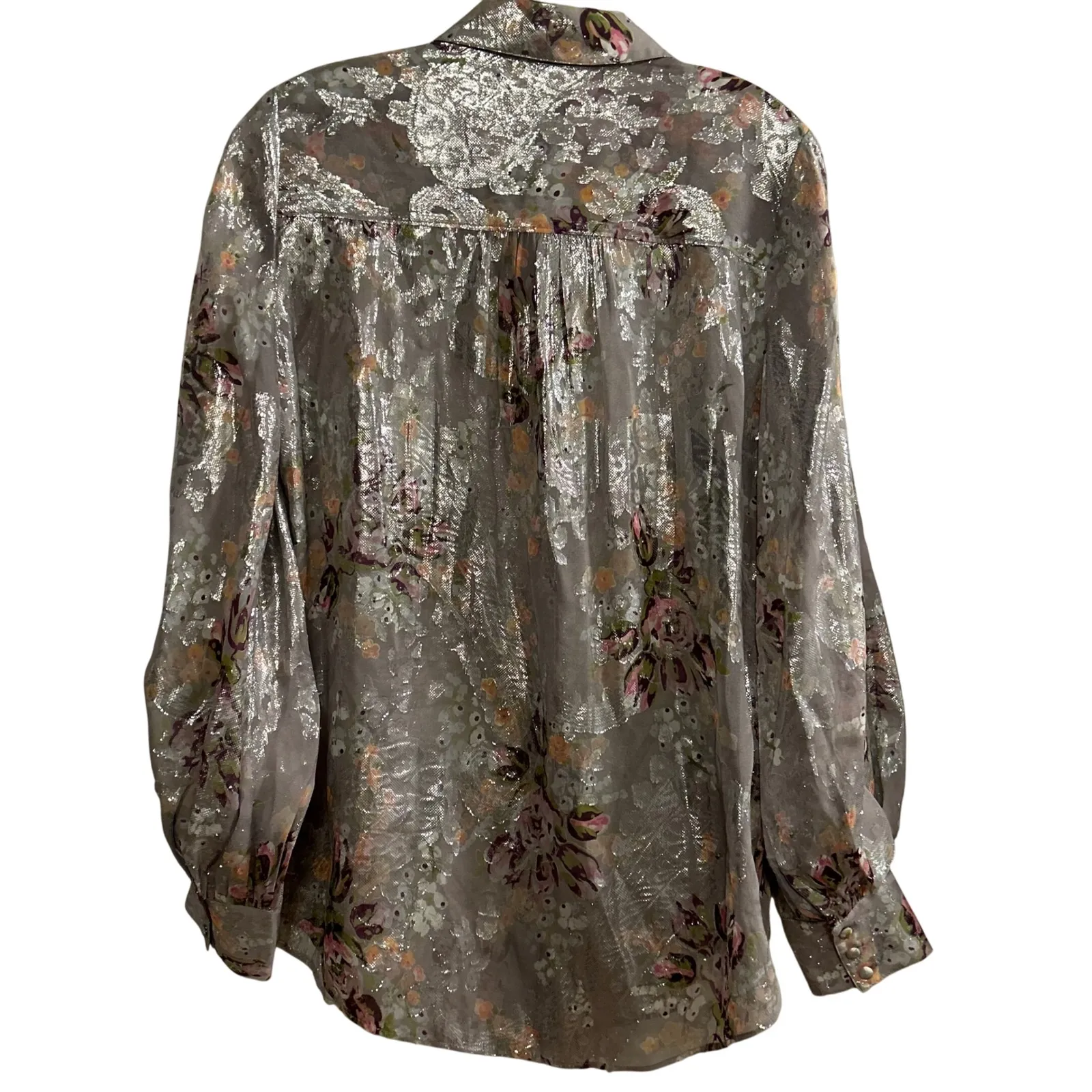 Cinq a Sept Metallic Floral Print Claudette Kandice Button Up Shirt Blouse Small Gray - Image 2