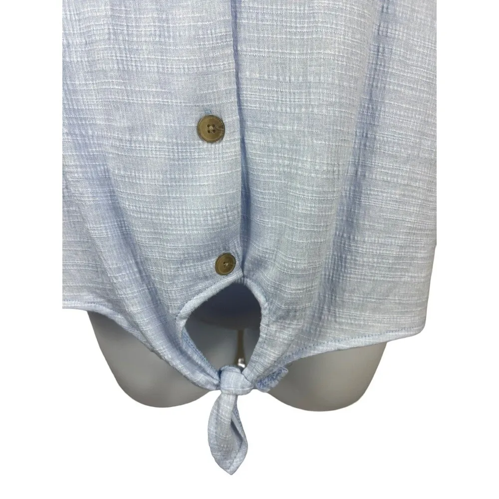 Weatherproof Vintage Light Blue Stretch Button Up Short Sleeve Tie Knot L Top - Image 4