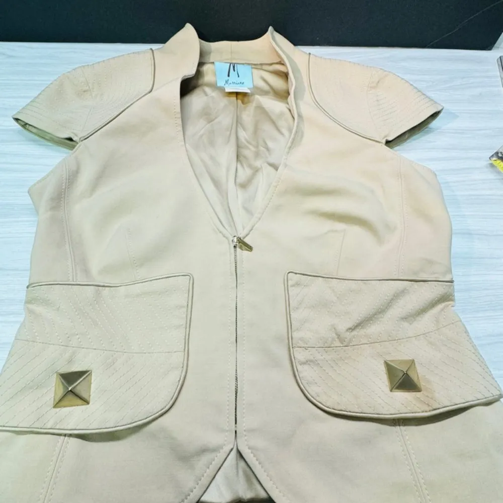 Marciano Blazer Women 10 Tan Deep V Zip Front Gold Studs Cap Sleeves Peplum Back - Image 9