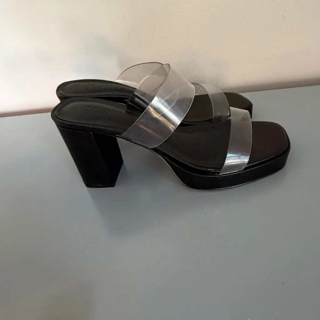 Schutz Ariella Platform Sandals Black Block Heels Vinyl Straps 8 - Image 3