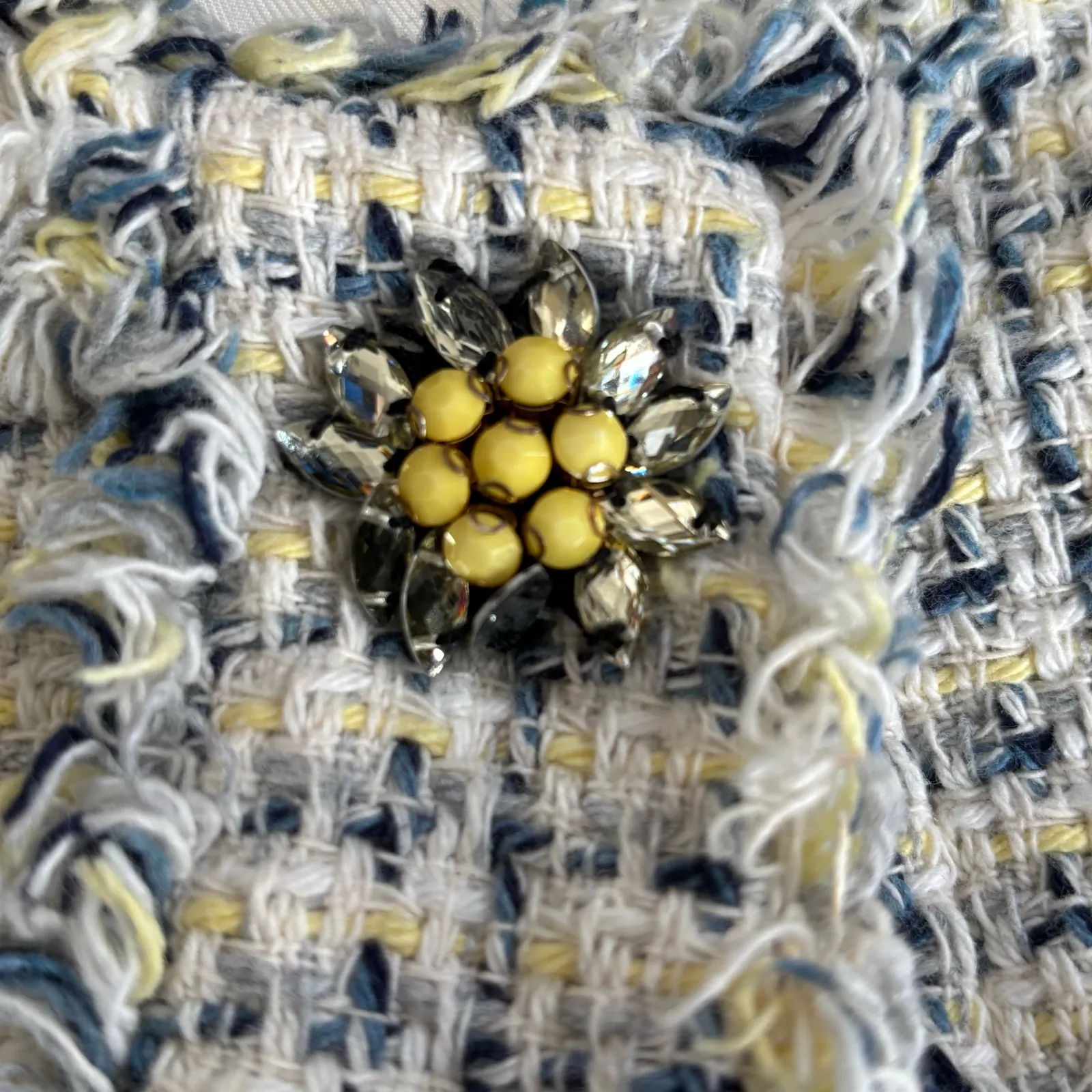 Zara Basic Cropped Tweed Jacket Blue Yellow Fringe Trim Floral Brooch Buttons XS - Image 10