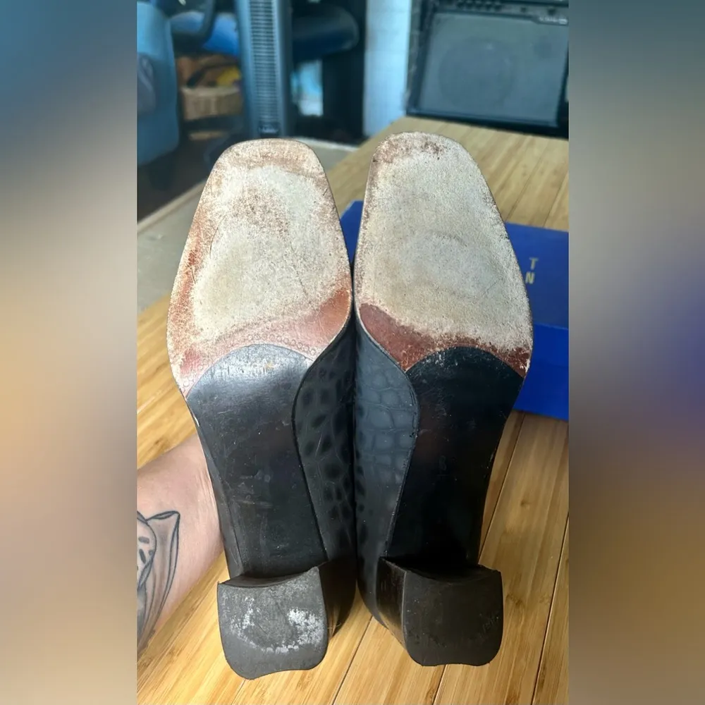 Stuart Weitzman Vintage Black Leather & Brown Faux Croc Pump 10 Used - Image 13