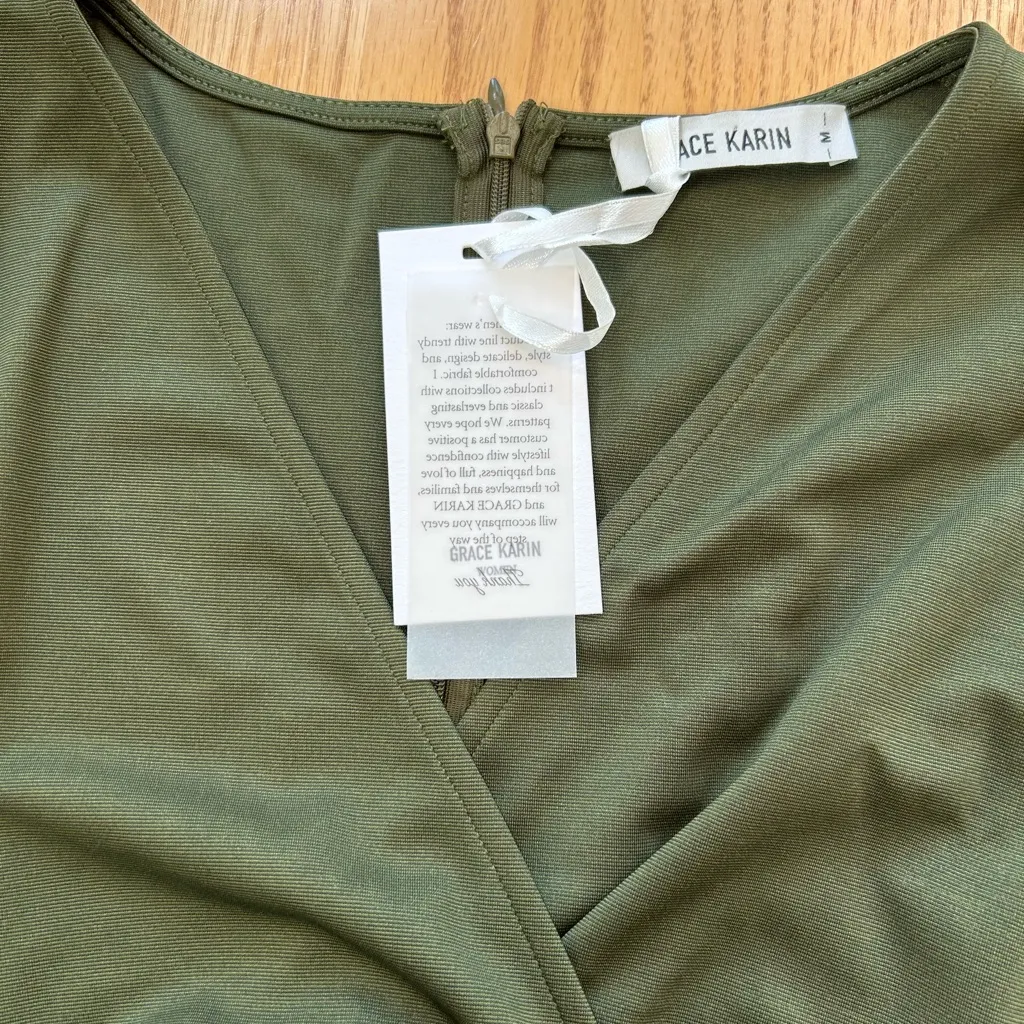 NWT Grace Karin Women’s V Neck Belted Wrap Two Tone Dress Size Medium Green - Image 4