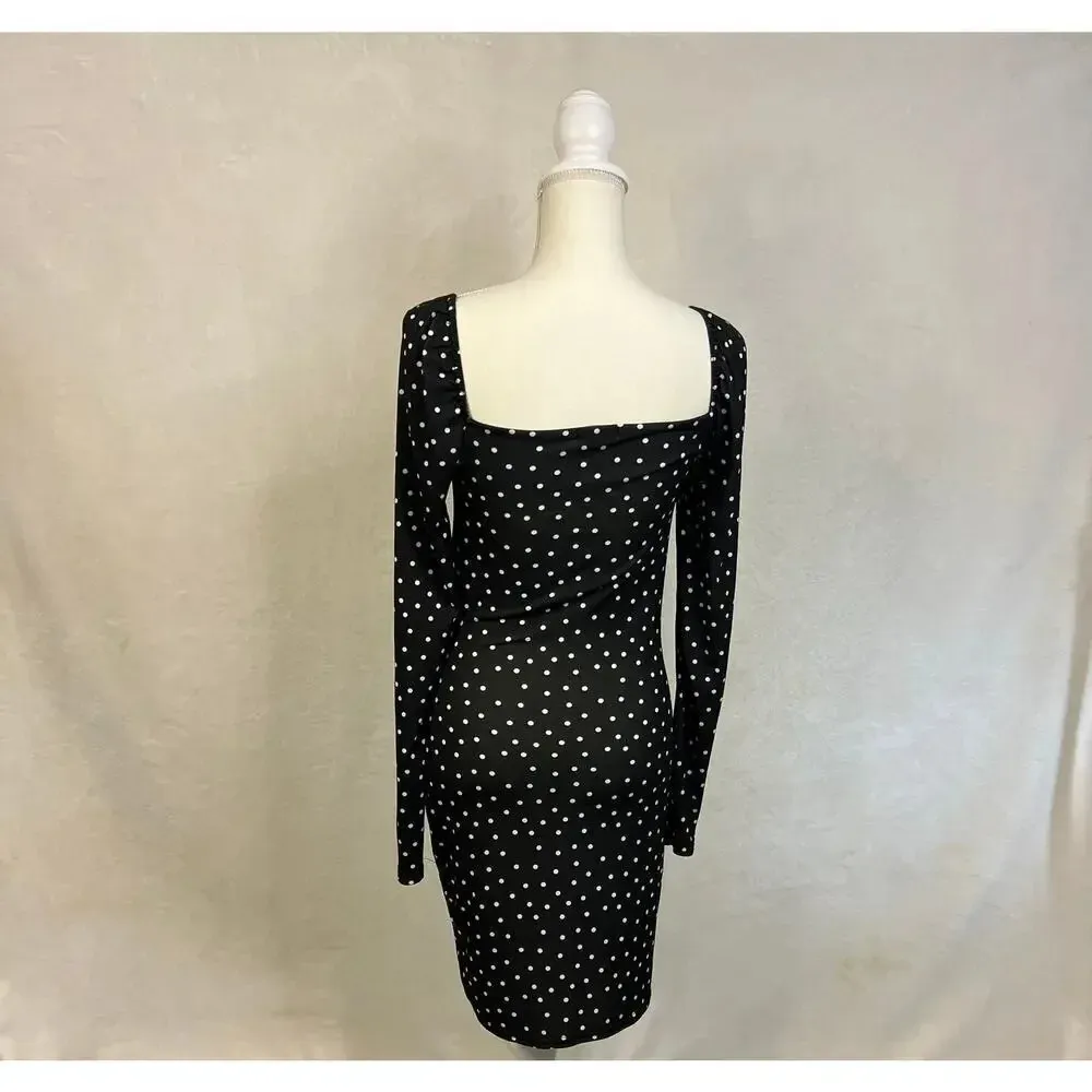 PrettyLittleThing Women's Size 8 Black Polka‎ Dot Bodycon Long Sleeve Midi Dress - Image 4