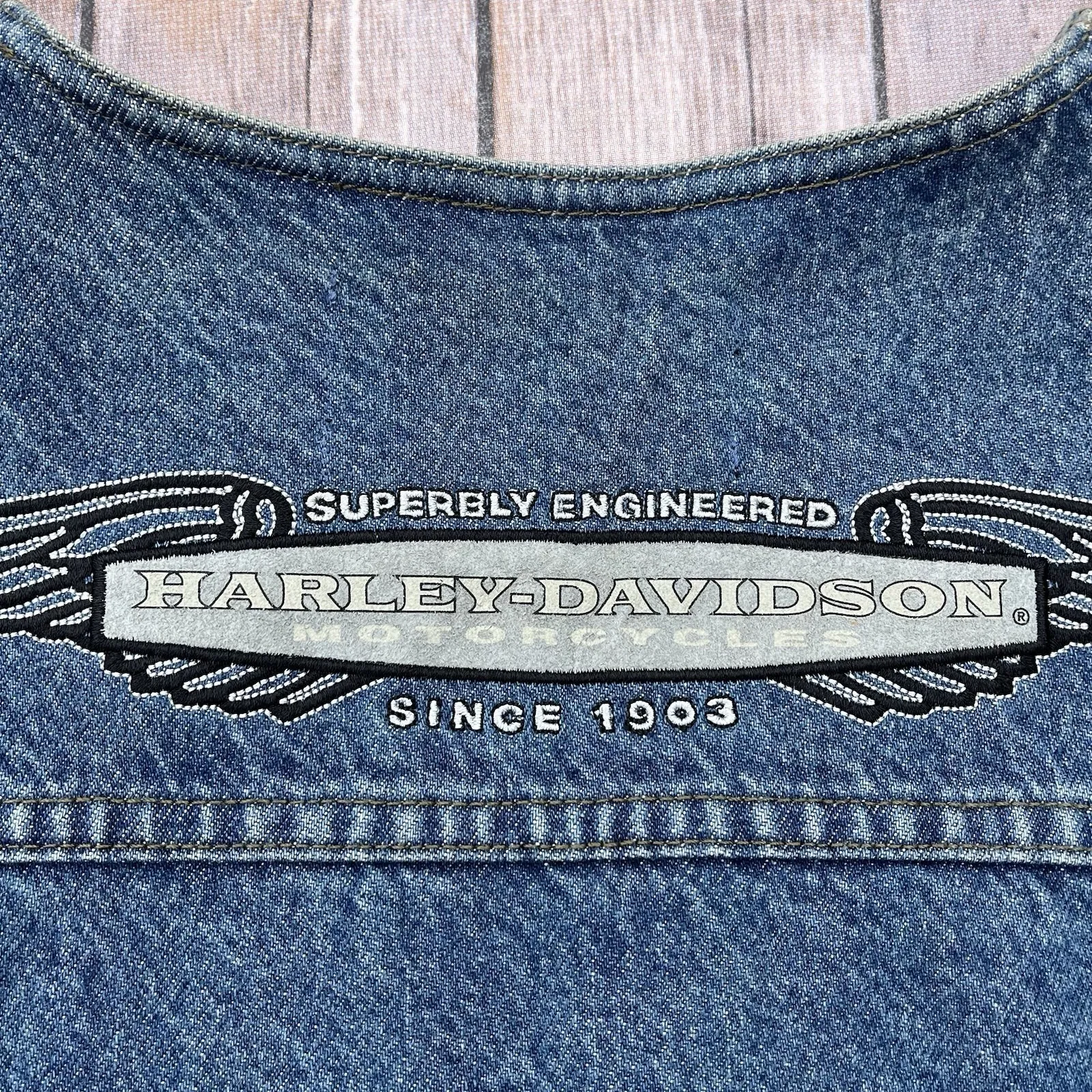 Vtg Harley Davidson Motorcycle Vest L 12 14 Trucker Denim Jean Sleeveless Jacket Blue Size L - Image 11