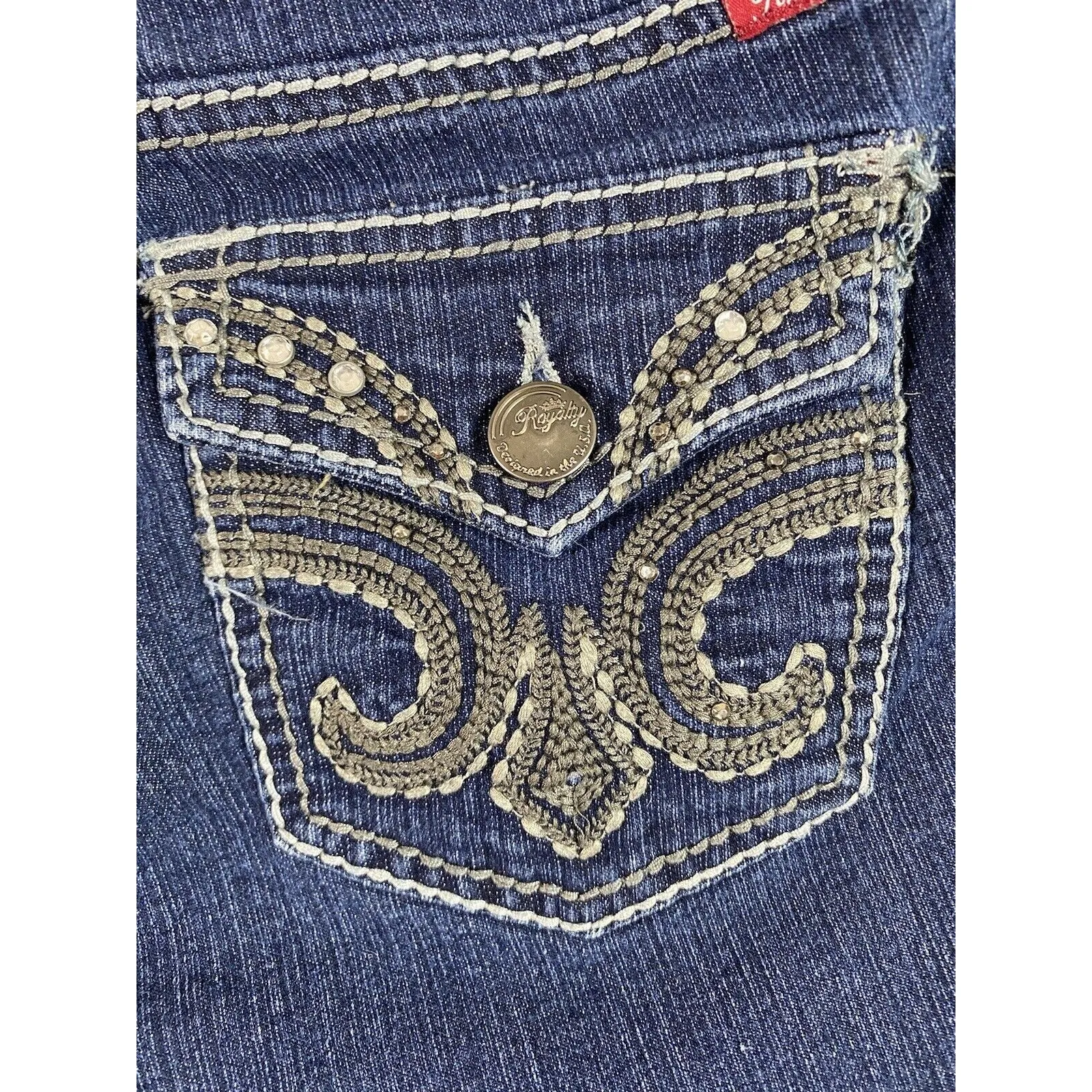 Royalty Jean Shorts Womens 28x2 Blue Cut Off Flap Pkts Embellished Shortie Tag 8 Size 28 - Image 13