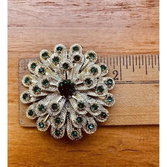 Vintage Feather Peacock Emerald Green Flower‎ Pin Brooch Rhinestone Gold Tone - Image 5